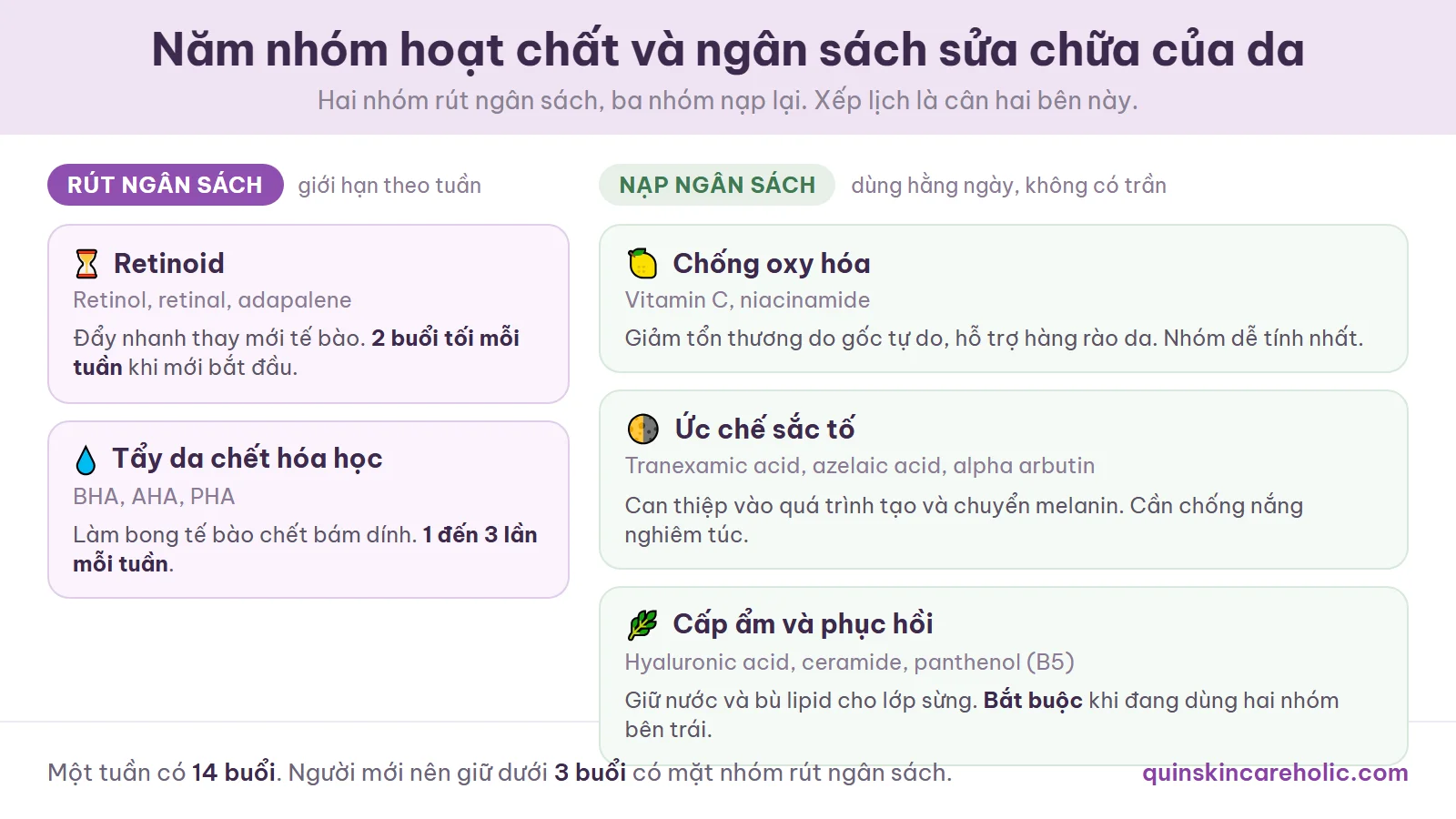 Sơ đồ năm nhóm hoạt chất chia thành hai nhóm rút ngân sách sửa chữa của da là retinoid và tẩy da chết hóa học, ba nhóm nạp lại là chống oxy hóa, ức chế sắc tố và cấp ẩm phục hồi