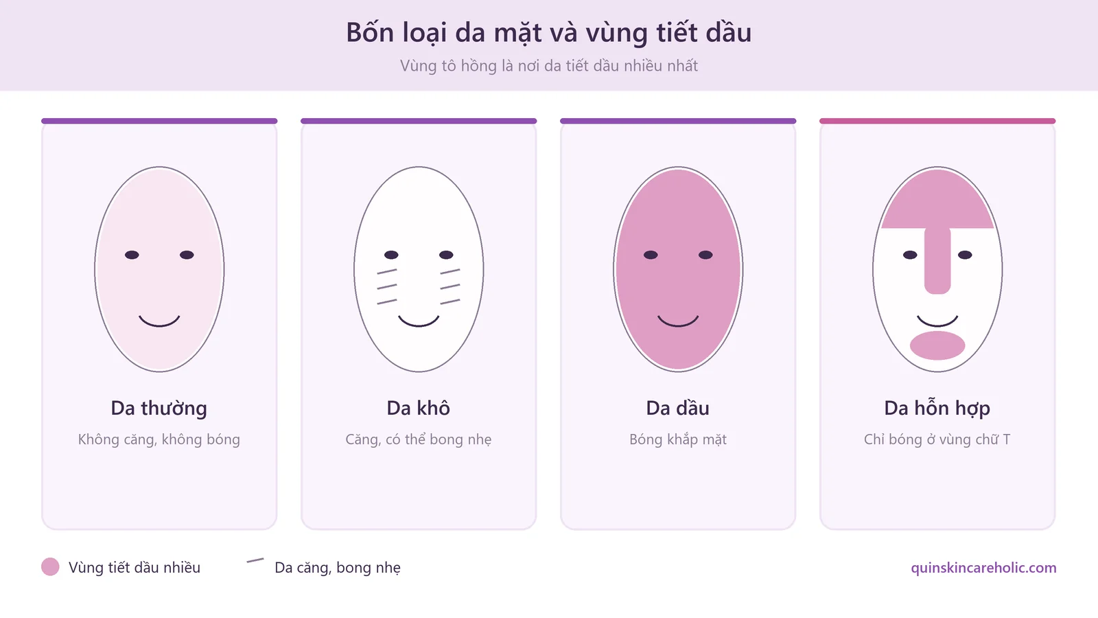 Sơ đồ bốn loại da mặt: da thường, da khô, da dầu và da hỗn hợp, đánh dấu vùng tiết dầu và vùng chữ T trên khuôn mặt